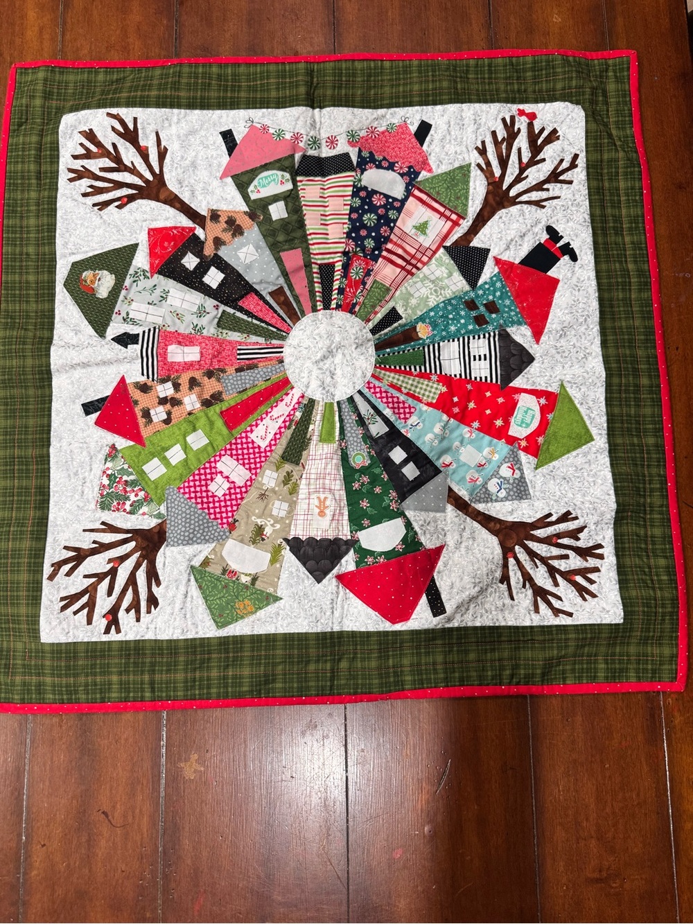 Christmas Quilted Table Topper 31x31 Holiday Village Trees Wall Hanging Handmade
